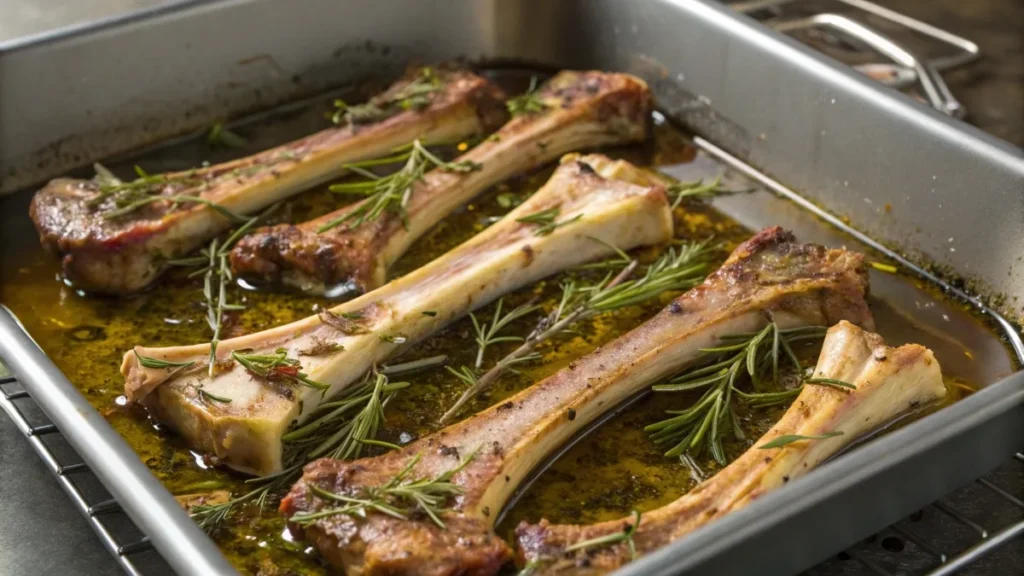 Soup bones roasting in a tray with herbs for making deep-flavored broth.