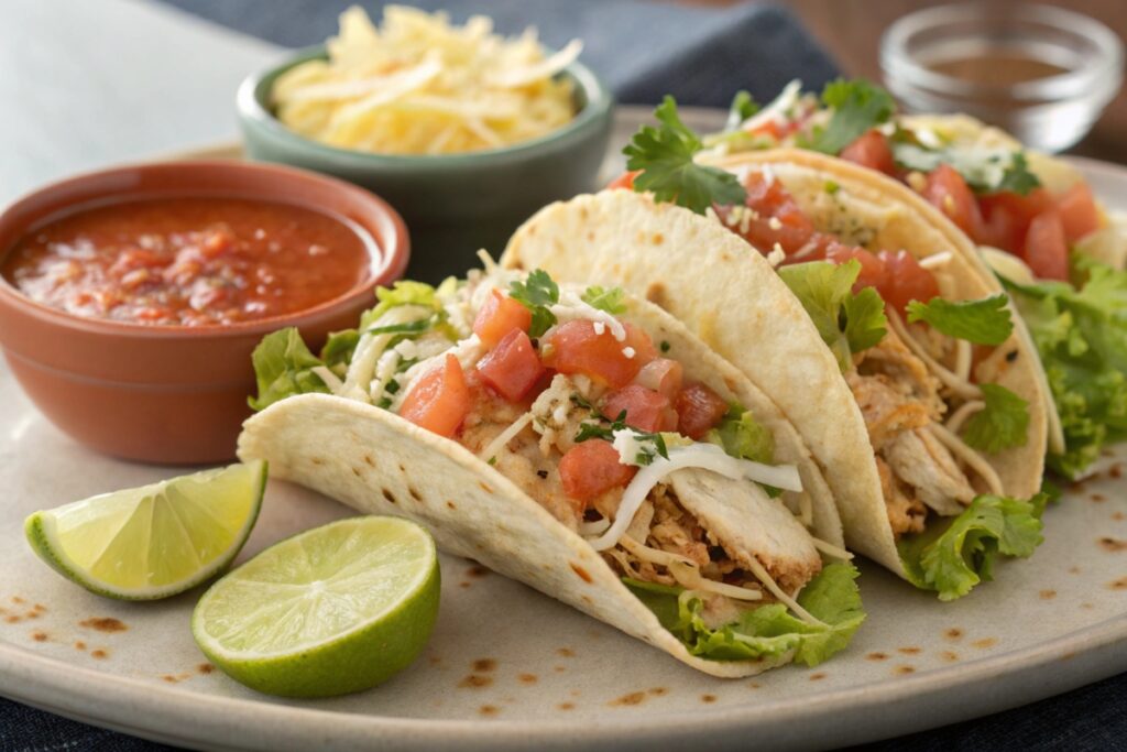 Shredded rotisserie chicken tacos with fresh toppings like salsa, cheese, and lettuce.