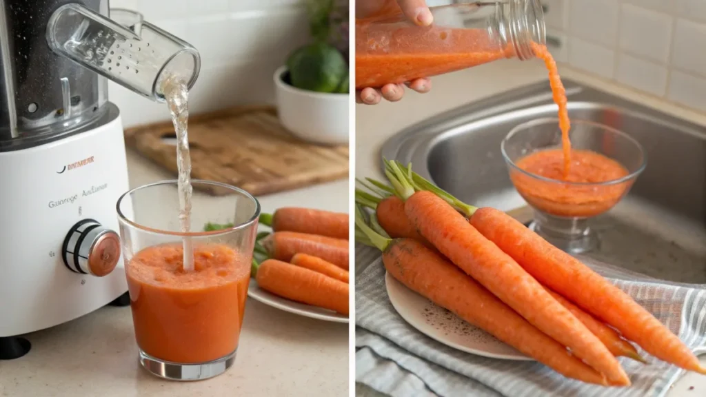 Step-by-step process of making carrot juice at home.