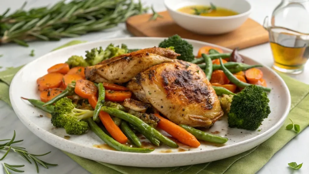 Roasted chicken paired with sautéed carrots, green beans, and broccoli, presented on a white plate with fresh herbs.