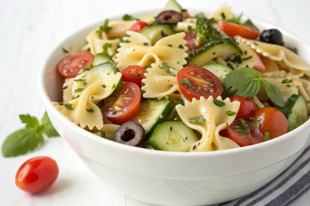 Bow tie pasta salad with fresh vegetables and vinaigrette dressing.