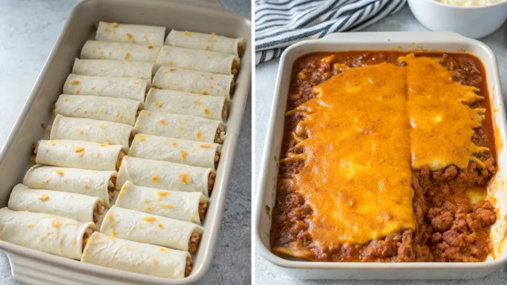 Step-by-step preparation of a frozen burrito casserole with burritos, sauce, and cheese.