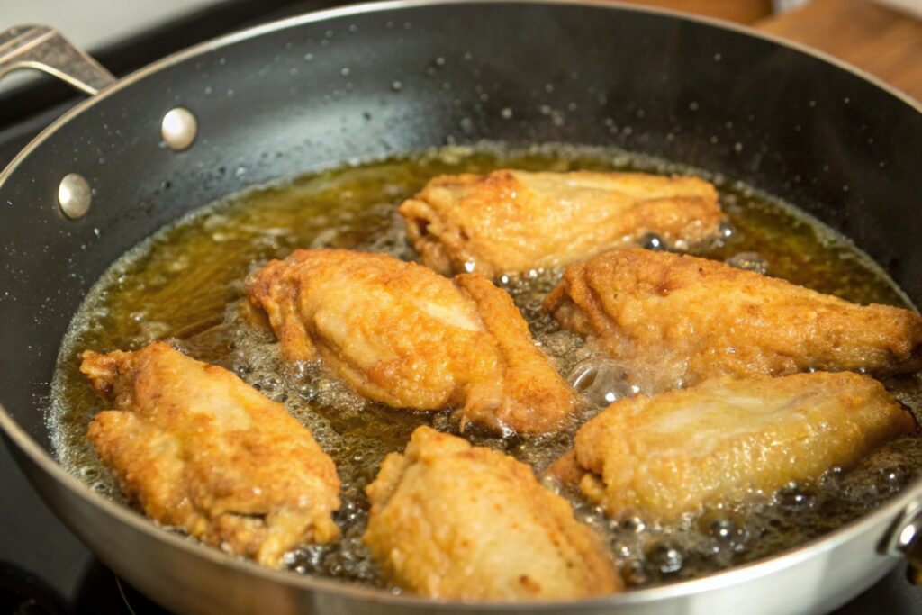 Double frying chicken wings for extra crispy texture.