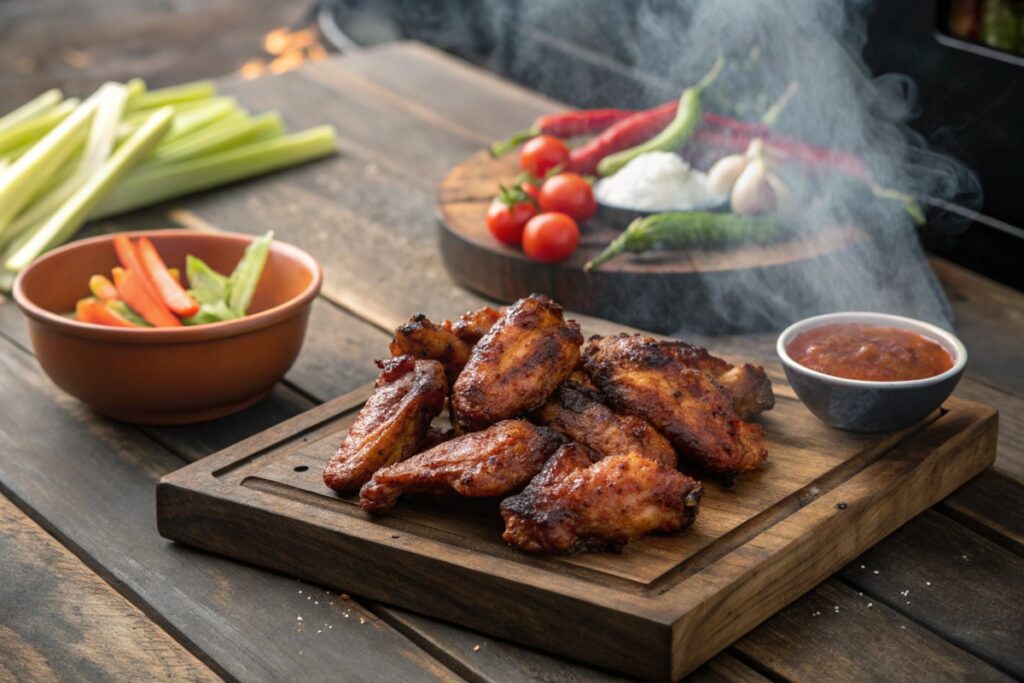 Grilled chicken wings with a caramelized crust on a rustic wooden platter, accompanied by dipping sauce and fresh vegetables.