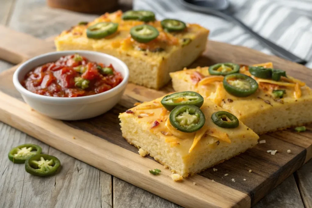 Spicy Southern cornbread with jalapeños and melted cheddar cheese, served on a wooden board.