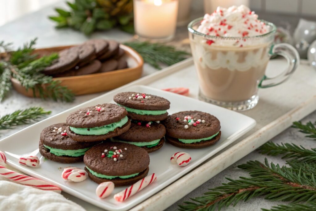 Mint-filled chocolate wafer cookie sandwiches garnished with crushed peppermint and served with hot cocoa.