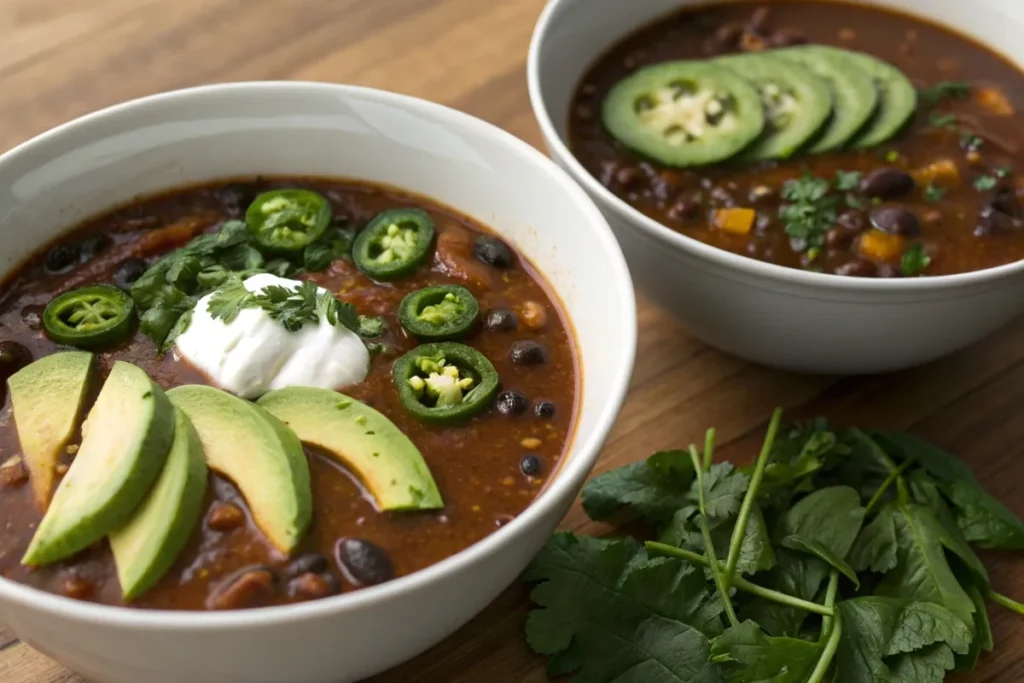 Creative variations of black bean soup: spicy version with jalapeños and vegan option with avocado.