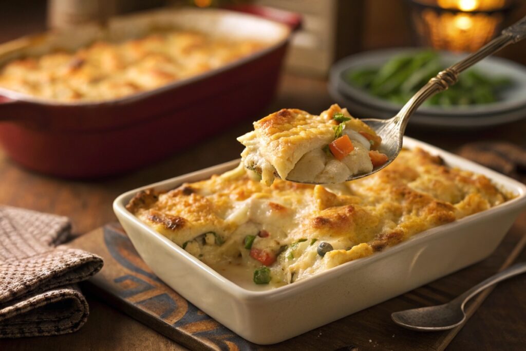 A golden-brown chicken casserole with cheese topping, served hot from the oven with creamy layers inside.