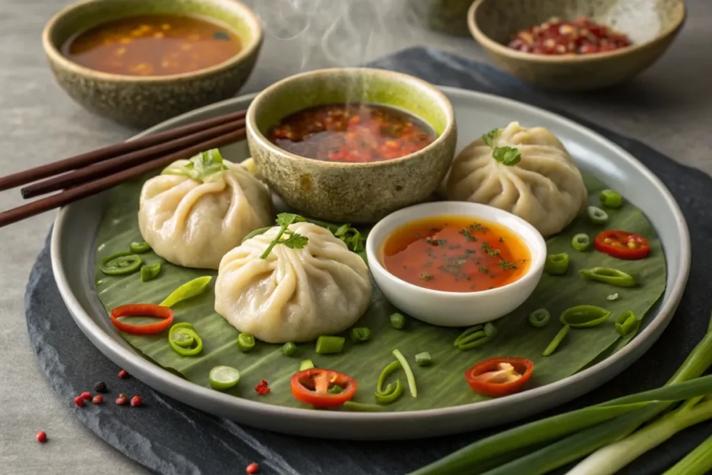 Served vegan soup dumplings with dipping sauces, garnished with green onions and chili oil.