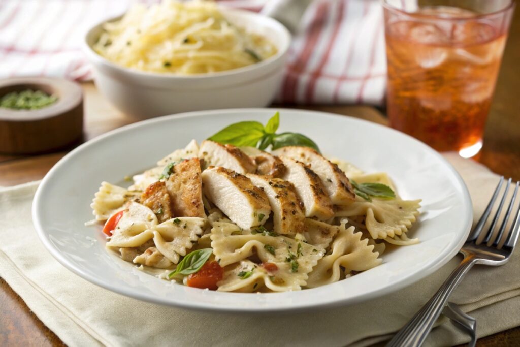 A serving of bow tie pasta salad with grilled chicken, Parmesan, and basil on a white plate.