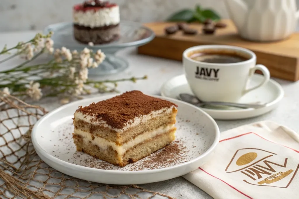 A slice of coffee cake and tiramisu infused with Javy coffee, served with a cup of Javy coffee.