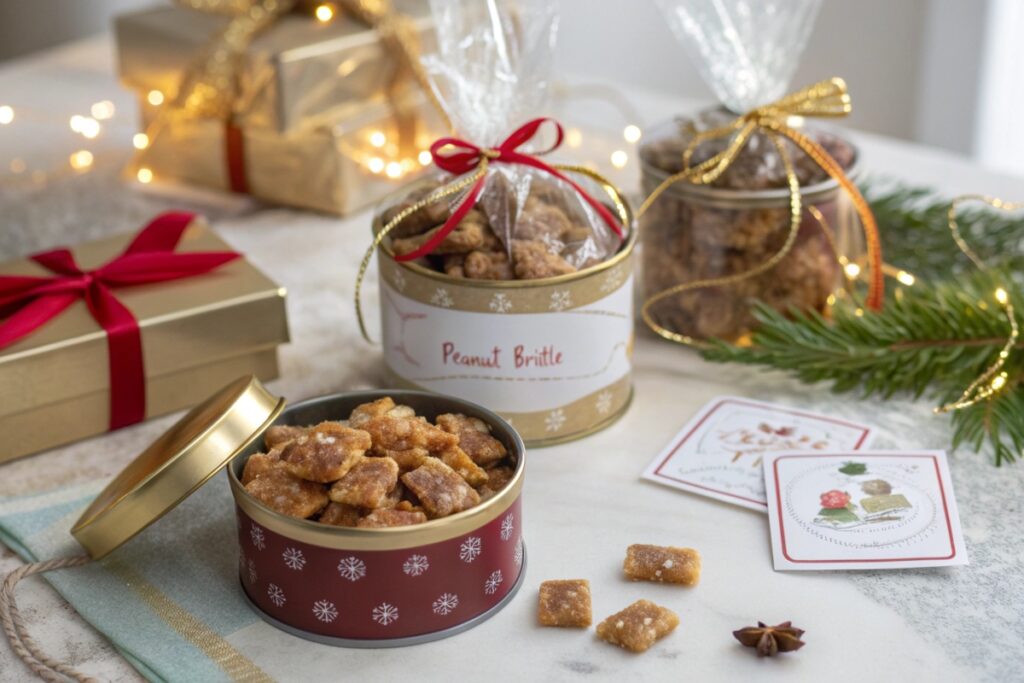 Peanut brittle packaged in decorative tins and gift bags tied with ribbons, accompanied by handwritten cards for a festive touch.