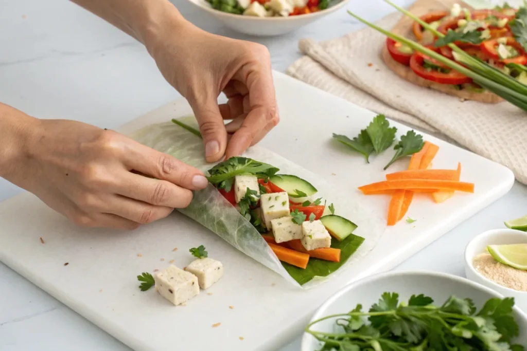 Hands wrapping a rice paper roll with vegetables, tofu, and fresh herbs on a cutting board.