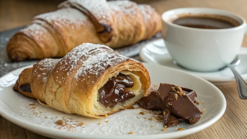 Sweet Gipfeli filled with chocolate and dusted with powdered sugar