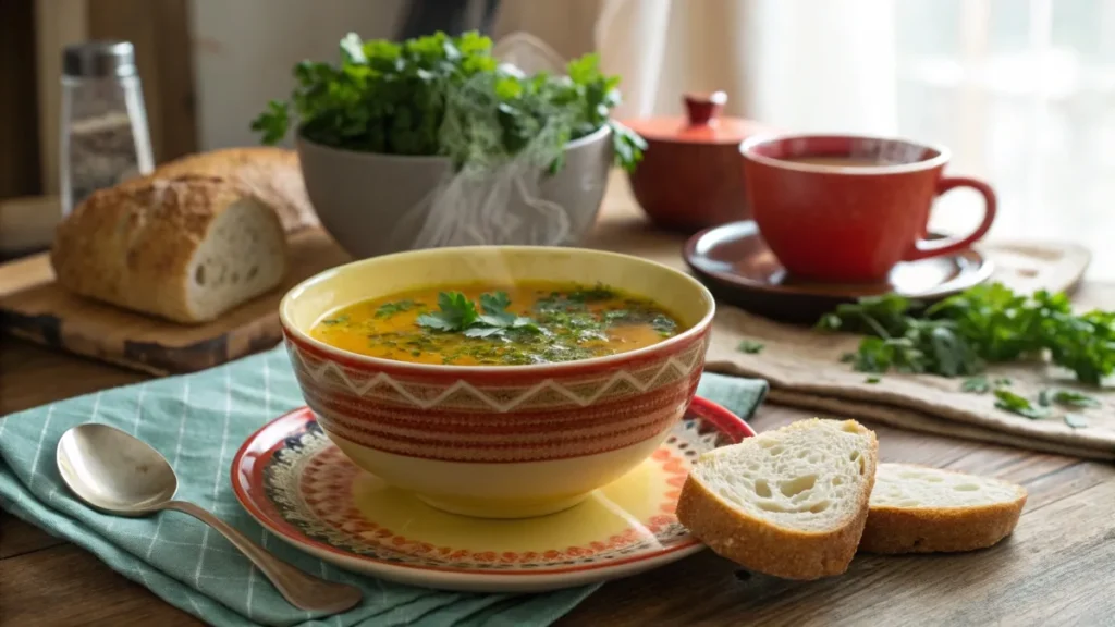 Finished bowl of bone broth garnished with parsley, served in a cozy kitchen setting.