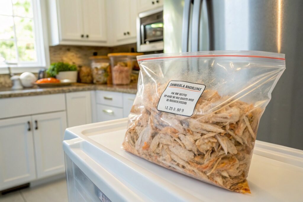 Storing shredded rotisserie chicken in a freezer bag with a date label.