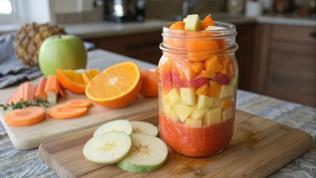 Fruit blend with carrot juice, apples, oranges, and pineapple slices.