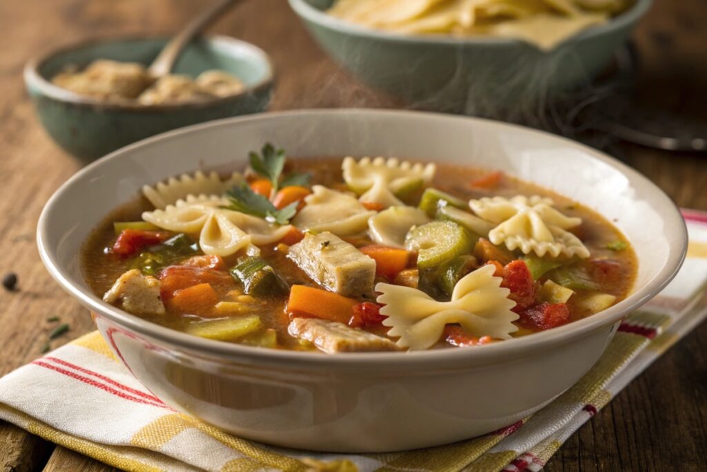 Bow tie pasta in a comforting vegetable soup.