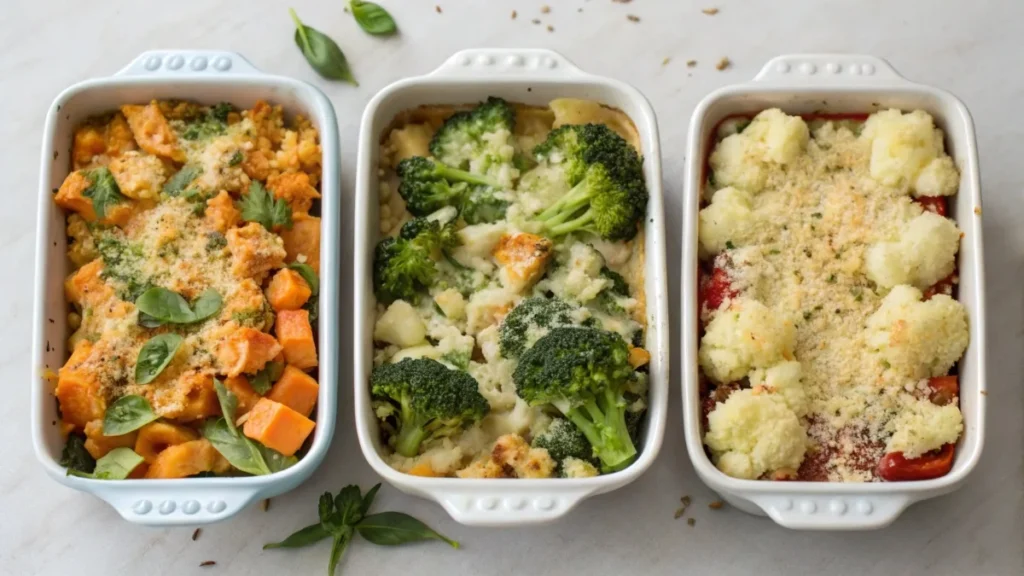 Three variations of chicken and vegetable casseroles with sweet potatoes, zucchini, and broccoli, each topped uniquely.