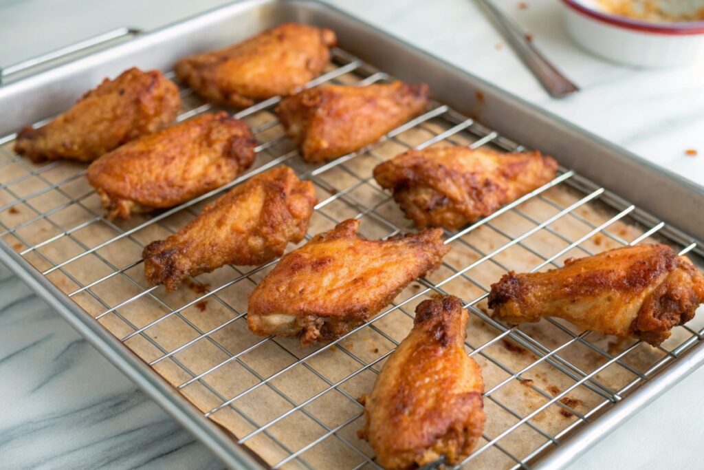 Oven-baked chicken wings on a wire rack for even crispiness.