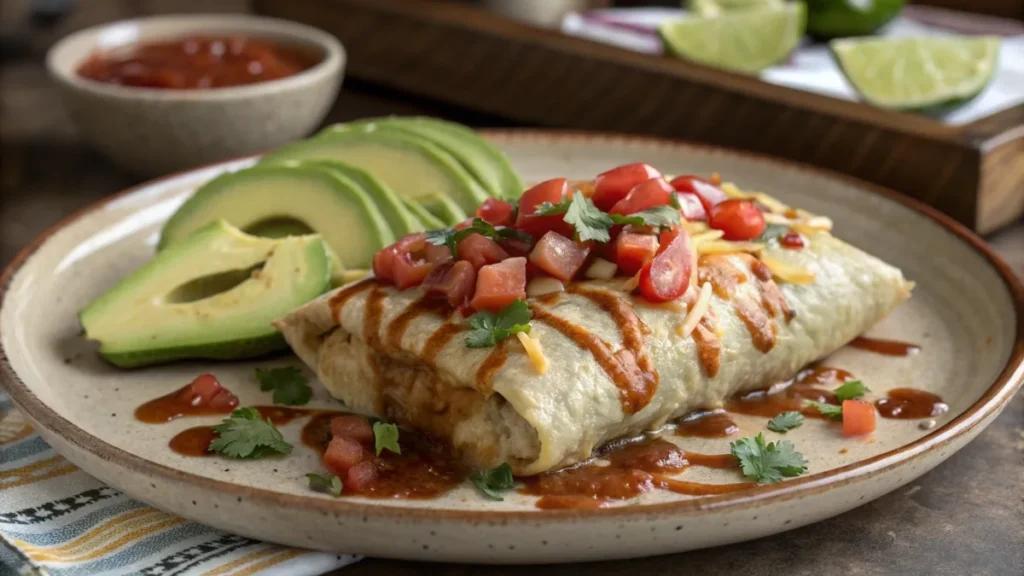 Gourmet frozen burrito casserole with avocado, tomatoes, and chipotle sauce.