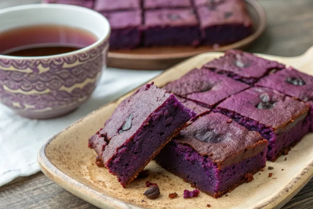 Ube-Brownie-Irresistible A close-up of sliced ube brownies showcasing their deep purple color and moist texture.