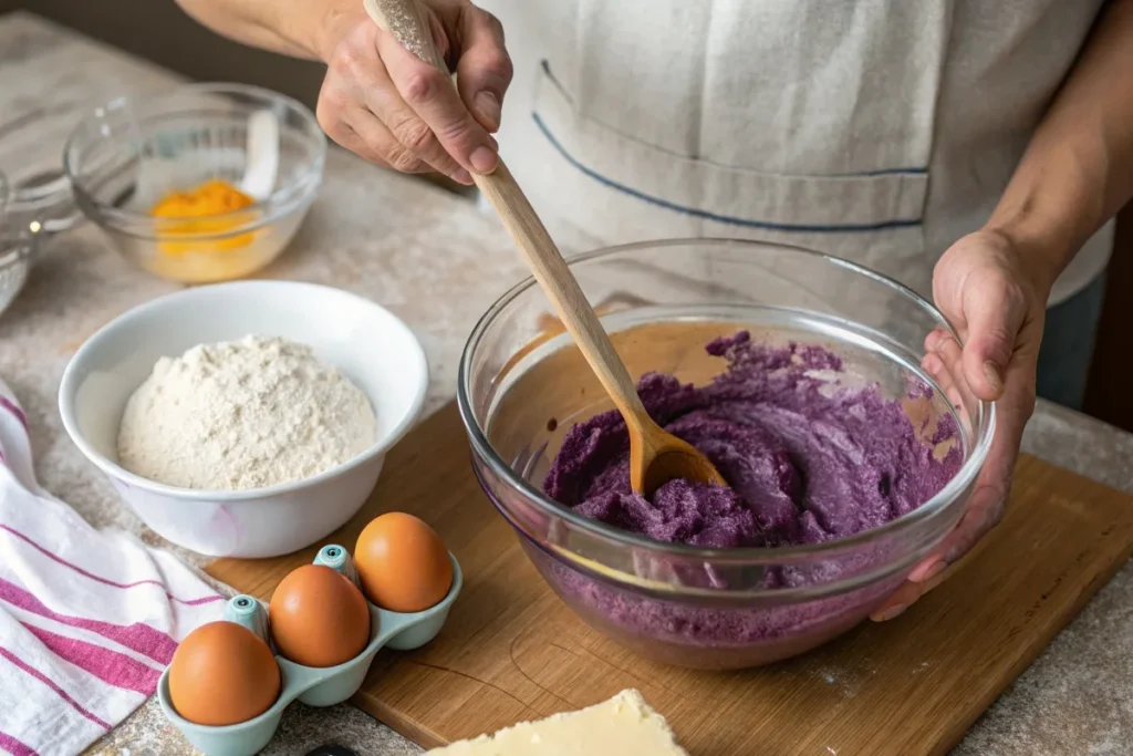 Ube-Brownies-Steps A baker mixing a vibrant purple ube brownie batter in a bowl with fresh ingredients around.