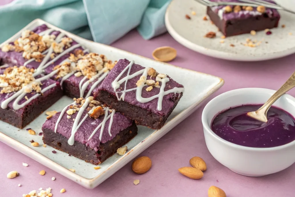 Ube-Brownies-Variations Ube brownies topped with white chocolate drizzle, chopped nuts, and coconut flakes on a dessert plate.
