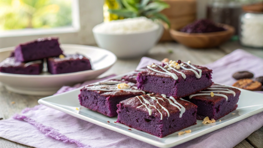 "Moist and delicious ube brownies with white chocolate drizzle"