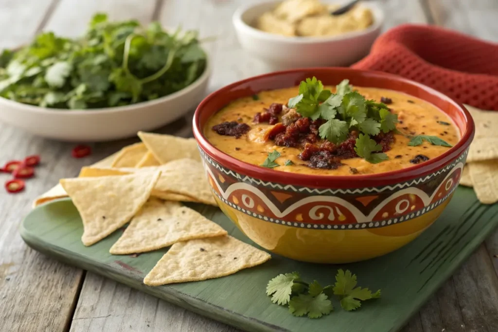 Chipotle queso in a bowl with cheese, chipotle peppers, and cilantro, served with tortilla chips.