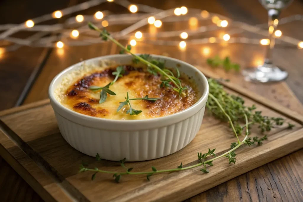 Delicious crab brulee with a caramelized crust served in a ramekin, garnished with herbs.