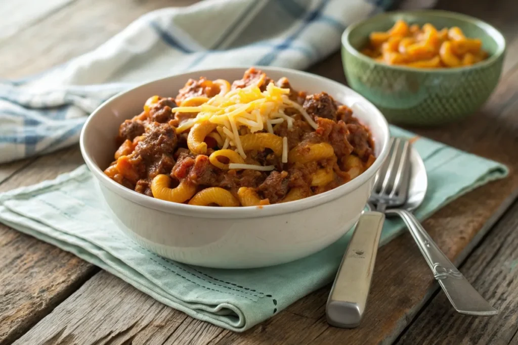 Beefaroni in a bowl with tomato sauce, ground beef, and melted cheddar cheese.