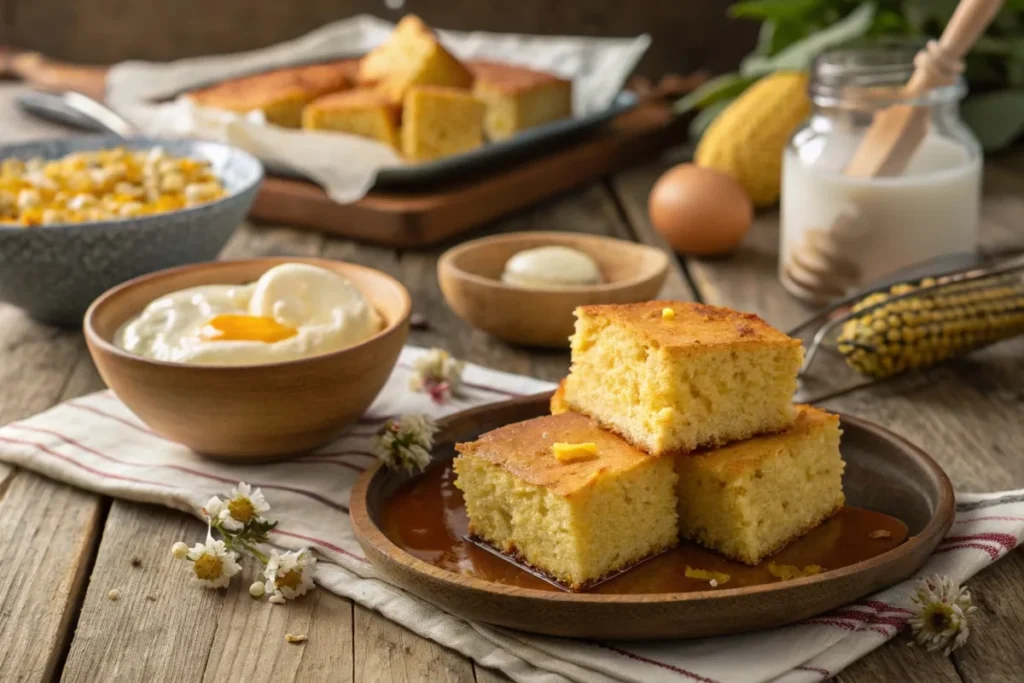 Golden protein cornbread slices on a rustic table with butter and honey.