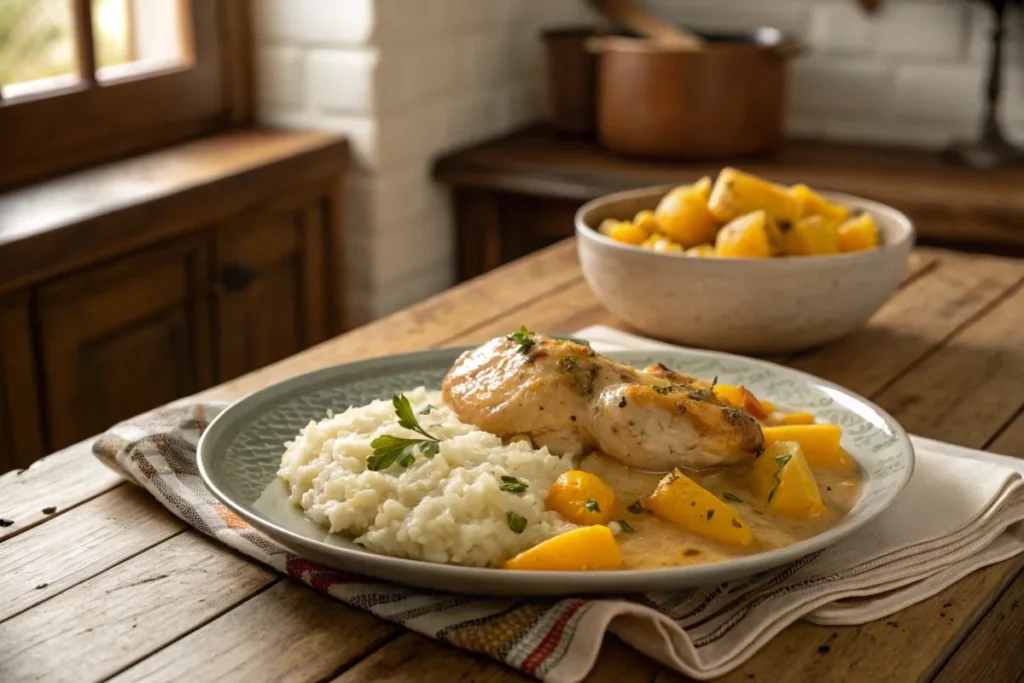 Forgotten chicken served with creamy rice and vegetables on a rustic table.