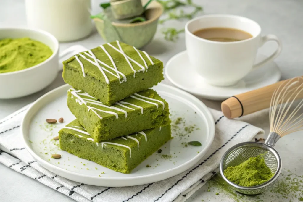 Stack of vibrant green matcha brownies with white chocolate drizzle on a white plate.