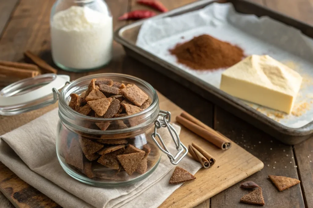 Glass jar filled with homemade cinnamon baking chips on a rustic wooden table.