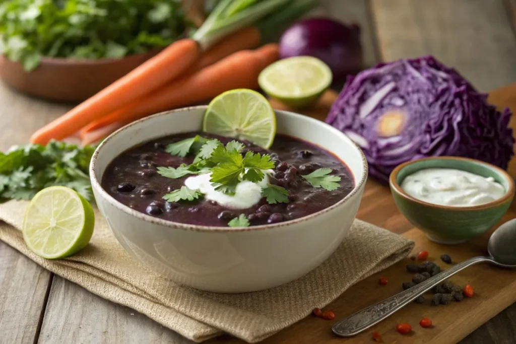 Purple black bean soup in a bowl garnished with cilantro and lime, surrounded by fresh vegetables.