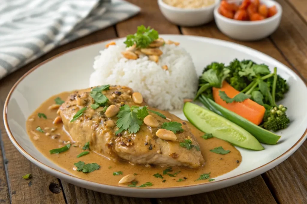 Chicken with peanut butter sauce served with rice and vegetables, garnished with peanuts and cilantro.