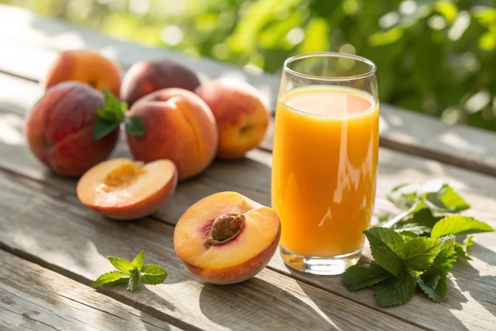 Glass of peach juice surrounded by fresh peaches on a sunny table.