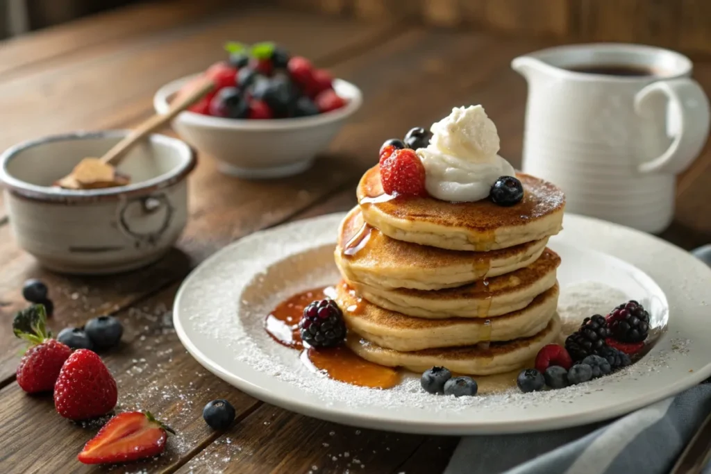 Stacked mini pancakes drizzled with syrup and topped with fresh berries and whipped cream on a wooden table.