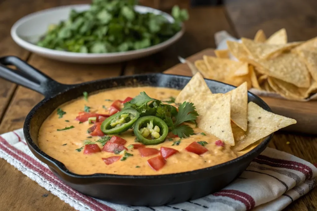 Smoked queso dip in a cast-iron skillet, garnished with cilantro and jalapeños, served with tortilla chips.