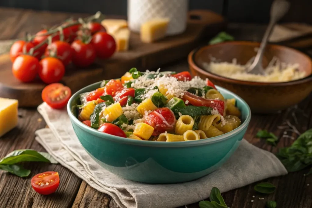 Ditalini pasta bowl with cherry tomatoes, spinach, and parmesan cheese on a rustic wooden table.