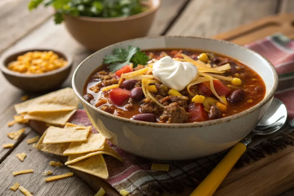 Bowl of taco soup frios topped with sour cream, cheese, and tortilla strips on a rustic wooden table.