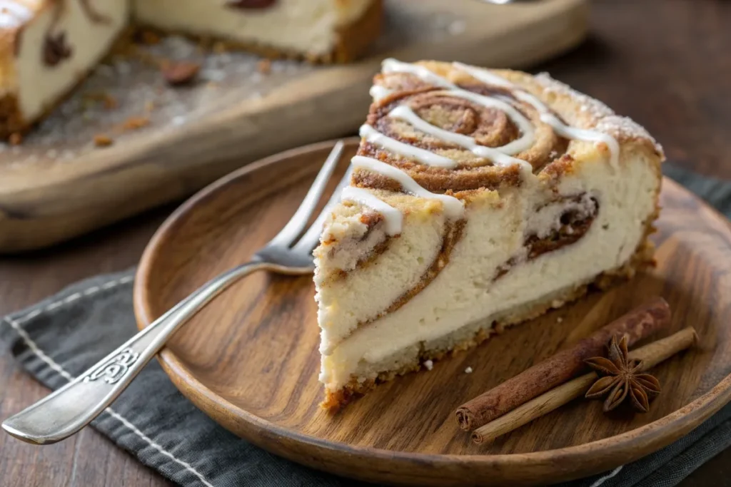 Slice of cinnamon roll cheesecake with icing drizzle on a rustic wooden plate.