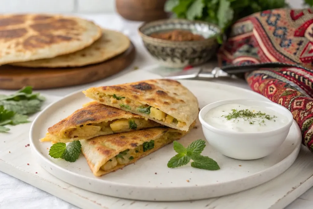 Spicy potato bolani served with yogurt and mint chutney on a rustic table, showcasing its crispy texture and flavorful filling.