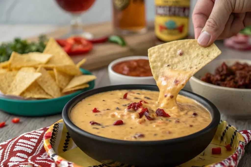 Chipotle queso being dipped with a tortilla chip, highlighting its creamy and smoky texture.