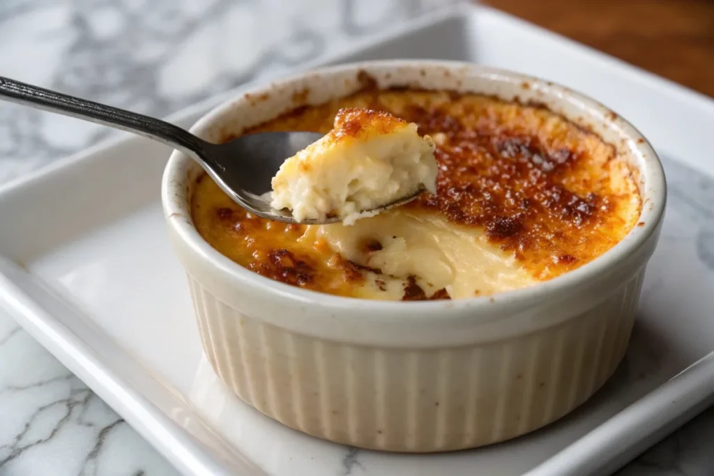 Close-up of crab brulee with a spoon cracking the caramelized top.