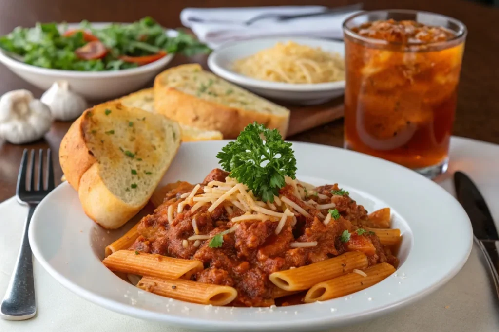 Beefaroni served on a plate with parsley garnish, garlic bread, and iced tea.