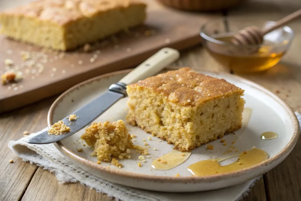 Close-up of a slice of protein cornbread with a drizzle of honey on a rustic table.