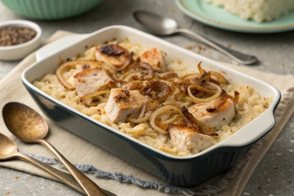 Baking dish with forgotten chicken and creamy rice fresh from the oven.